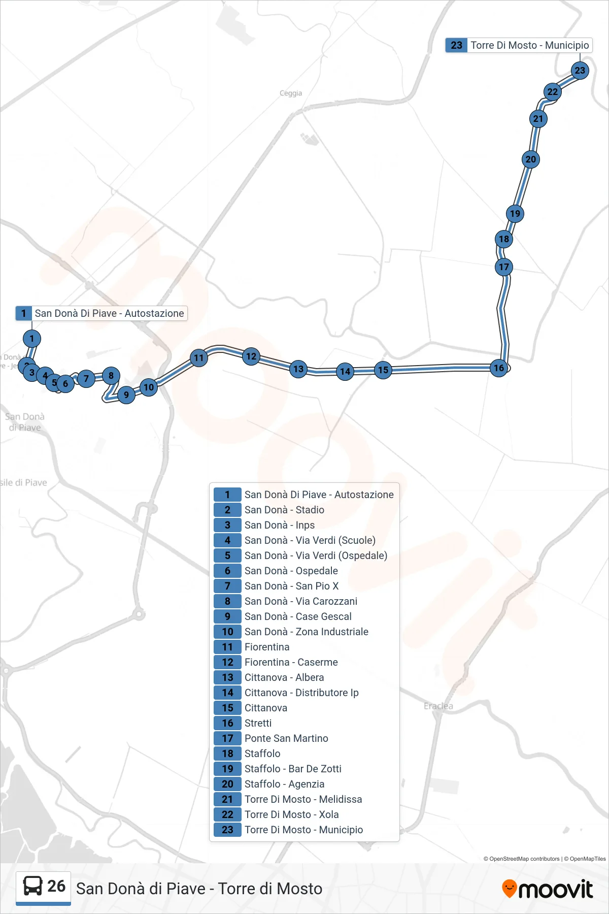 Linea 26  bus (Torre di Mosto) - Percorsi e fermate sulla mappa