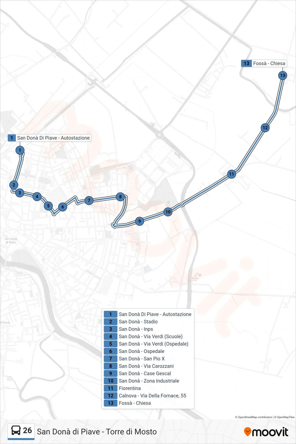 Linea 26 bus (Fossà) - Percorsi e fermate sulla mappa