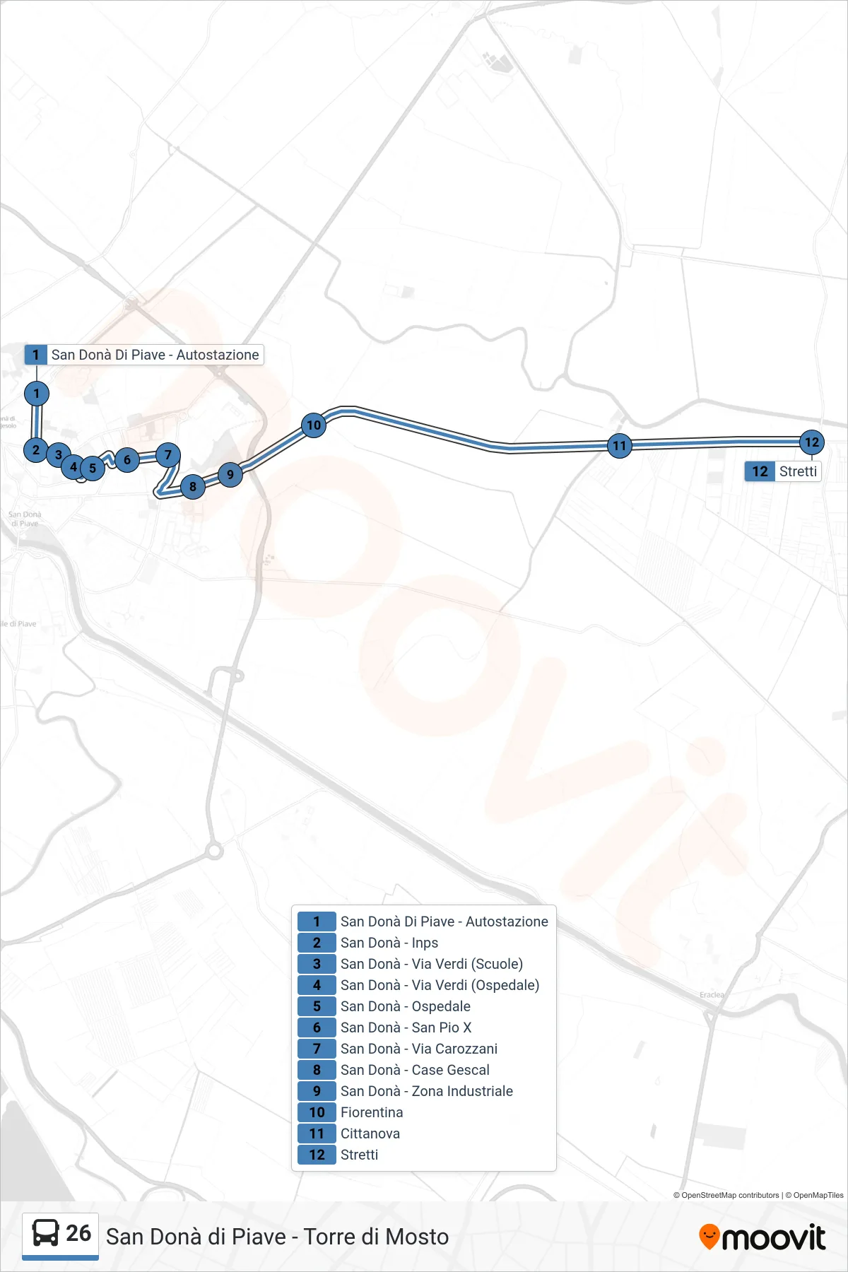 Linea 26 bus (Stretti) - Percorsi e fermate sulla mappa