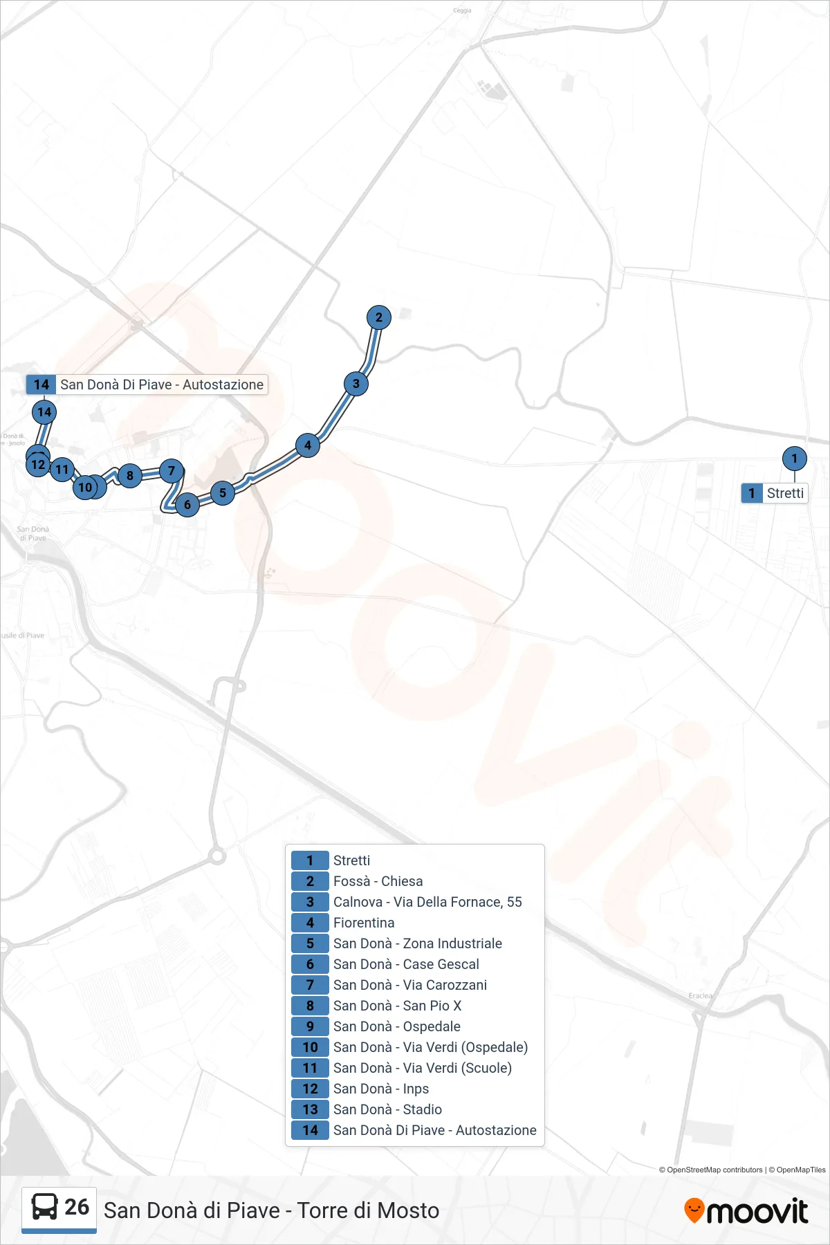 Linea 26  bus (San Donà Di Piave) - Percorsi e fermate sulla mappa