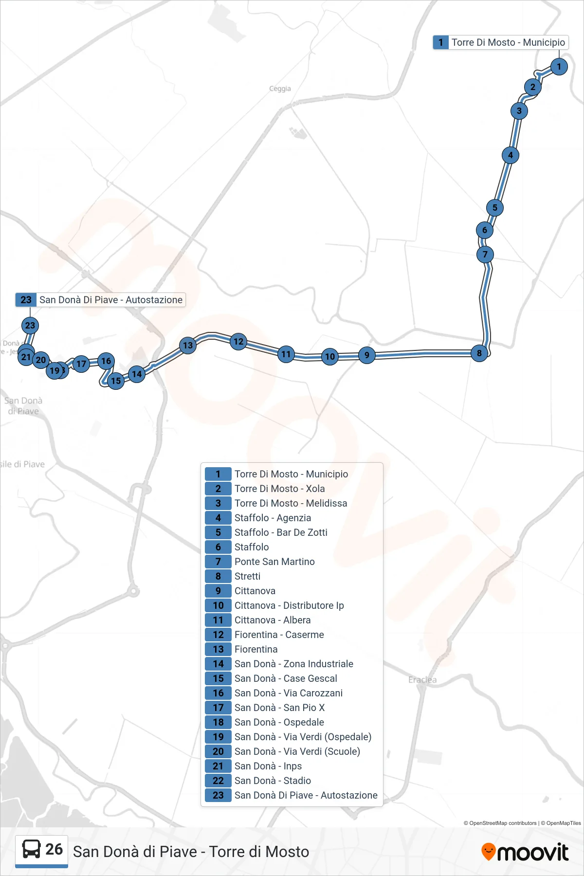 Linea 26 bus (San Donà di Piave) - Percorsi e fermate sulla mappa