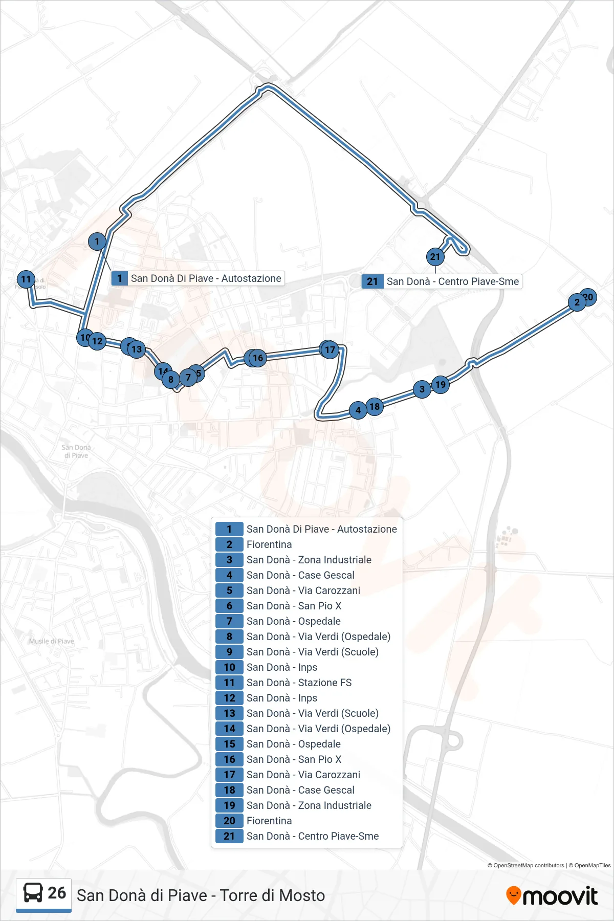 Linea 26  bus (Centro Piave) - Percorsi e fermate sulla mappa