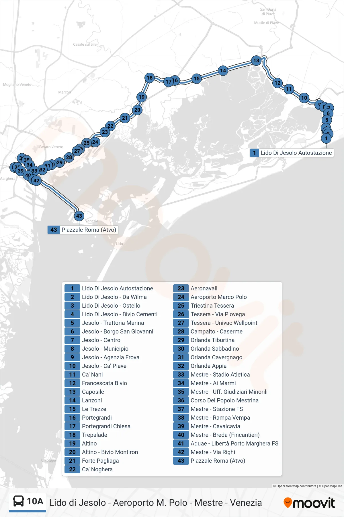 Linea 10A bus (Venezia (-> Trepalade)) - Percorsi e fermate sulla mappa