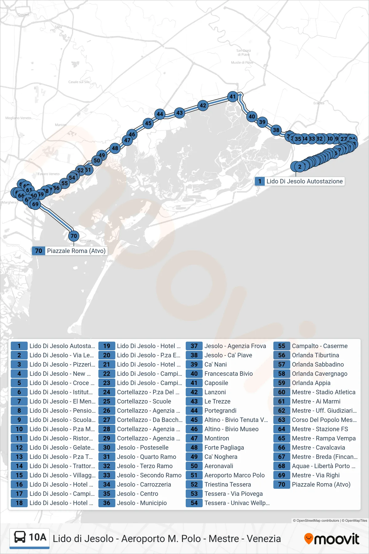 Linea 10A bus (Venezia (-> Cortellazzo)) - Percorsi e fermate sulla mappa