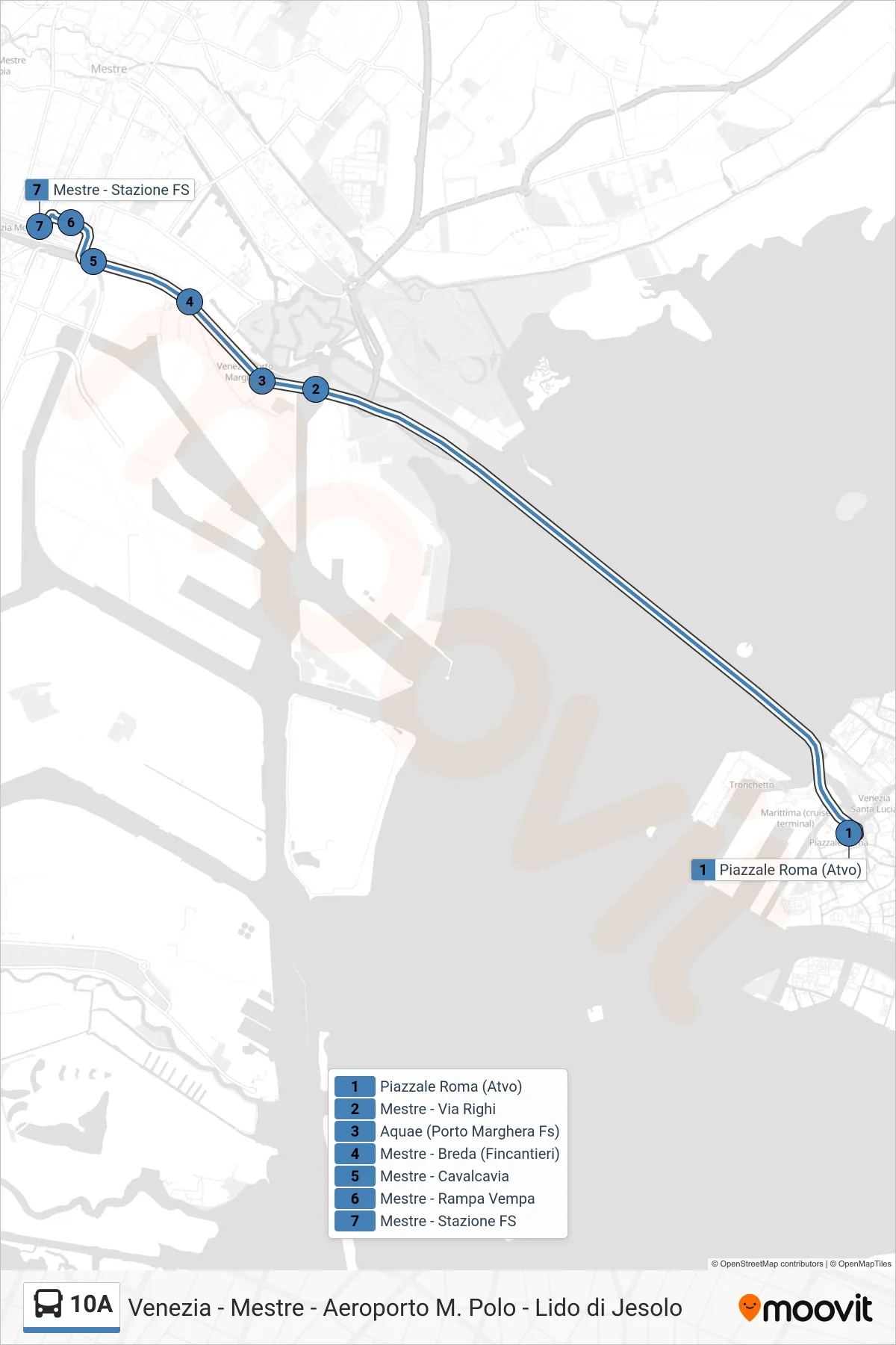 Linea 10A bus (Mestre FS) - Percorsi e fermate sulla mappa