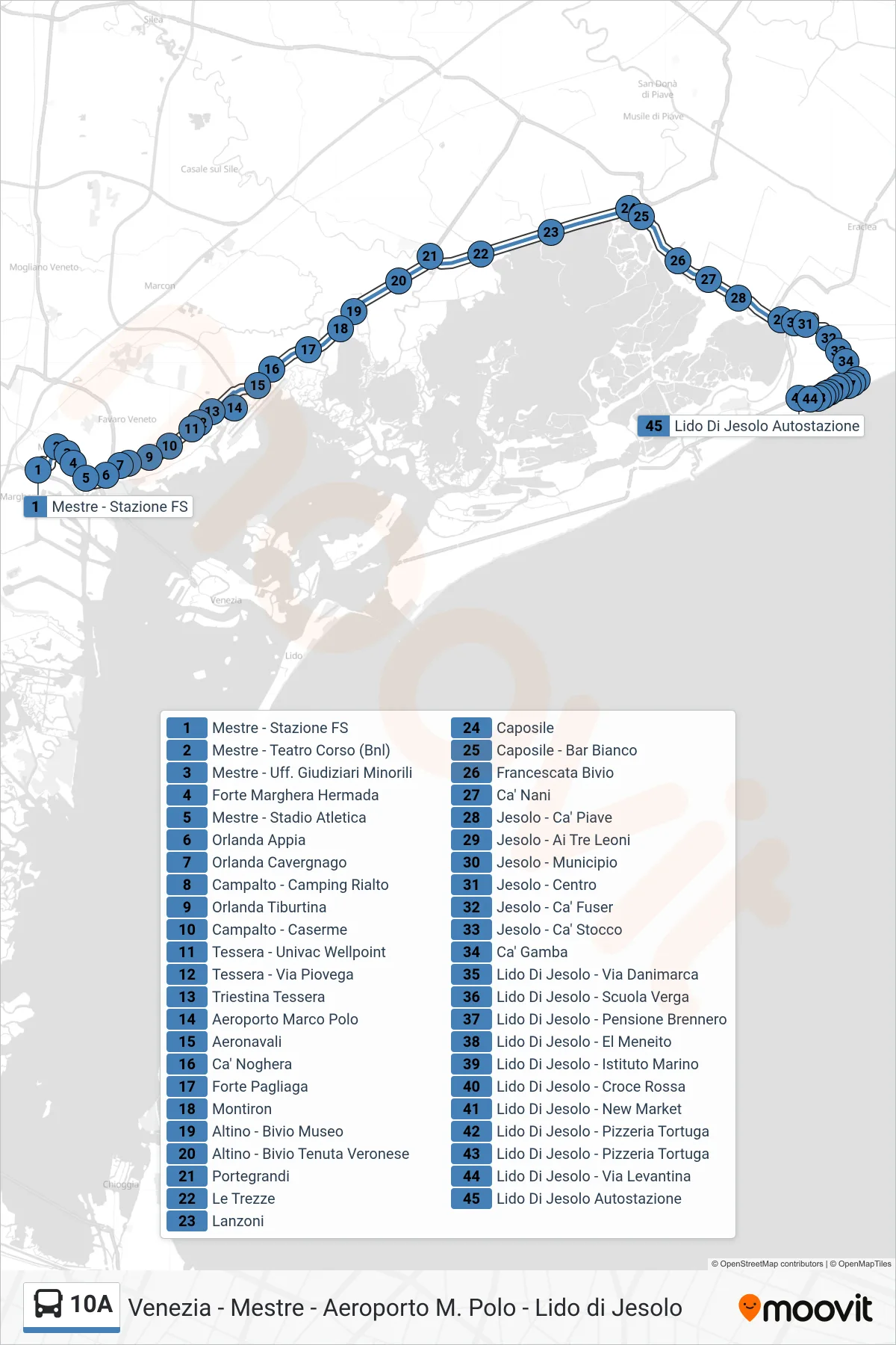 Linea 10A bus (Lido Di Jesolo (-> Cà Gamba)) - Percorsi e fermate sulla mappa