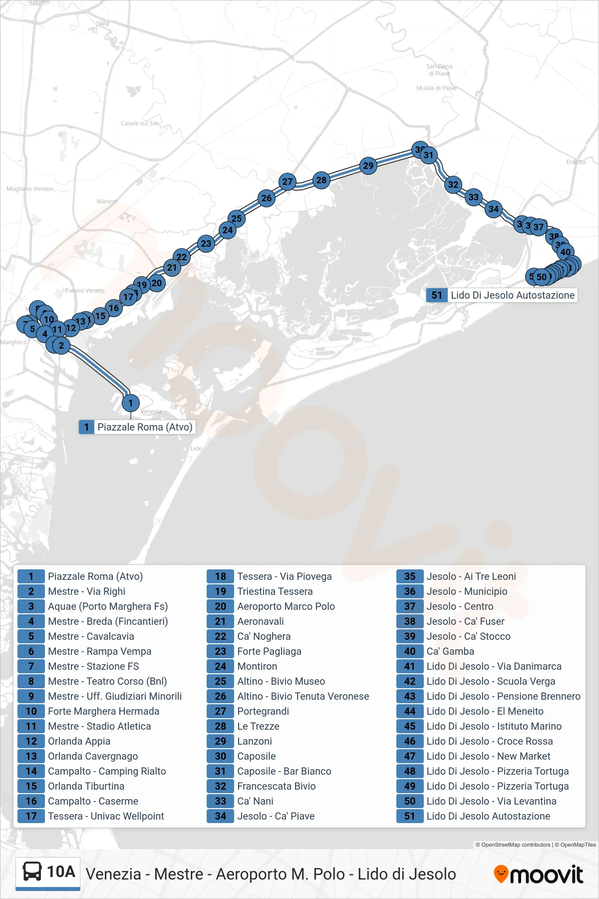 Linea 10A bus (Lido Di Jesolo (-> Cà Gamba)) - Percorsi e fermate sulla mappa