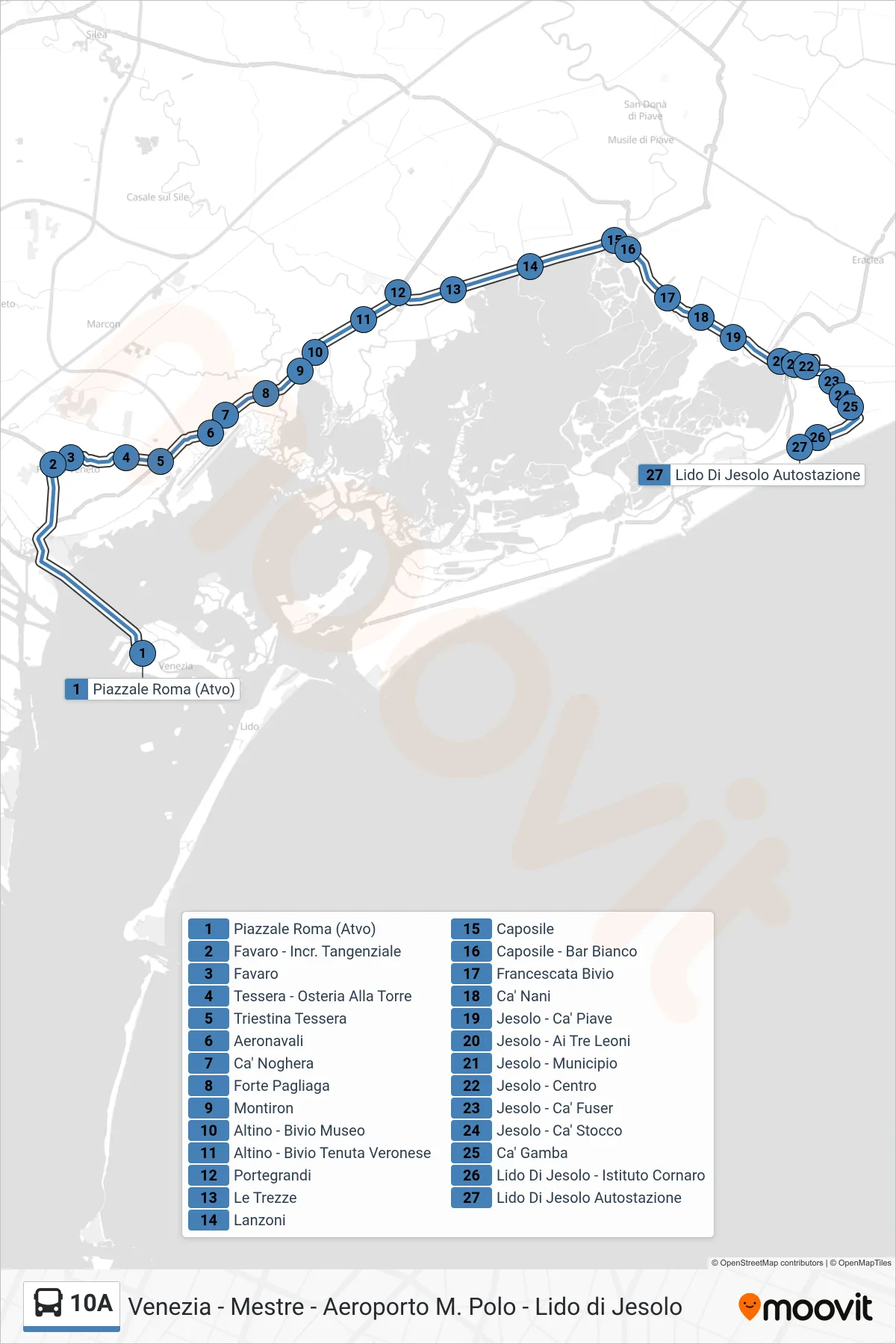 Linea 10A bus (Lido Di Jesolo (-> Favaro -> Cà Gamba)) - Percorsi e fermate sulla mappa