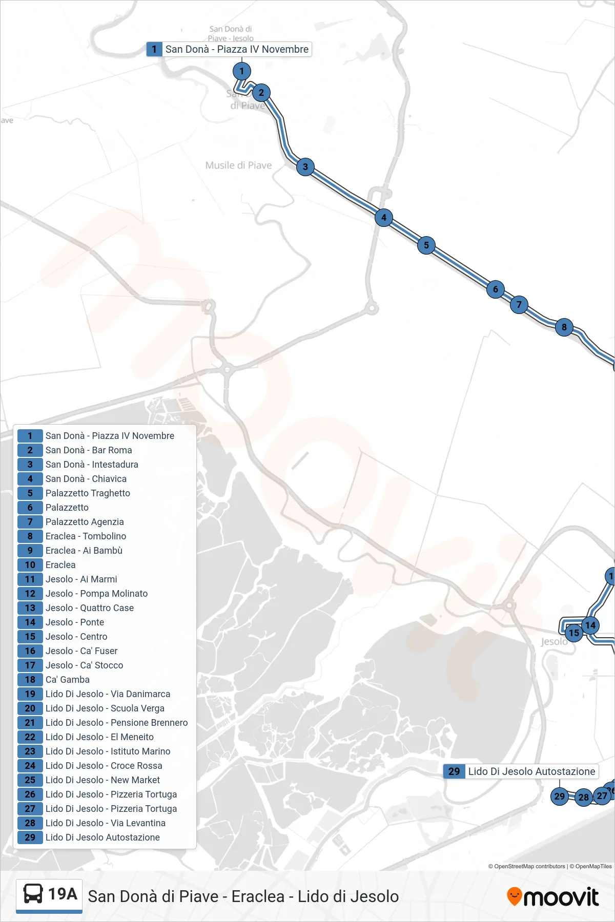 Linea 19A  bus (Lido Di Jesolo (-> Cà Gamba)) - Percorsi e fermate sulla mappa