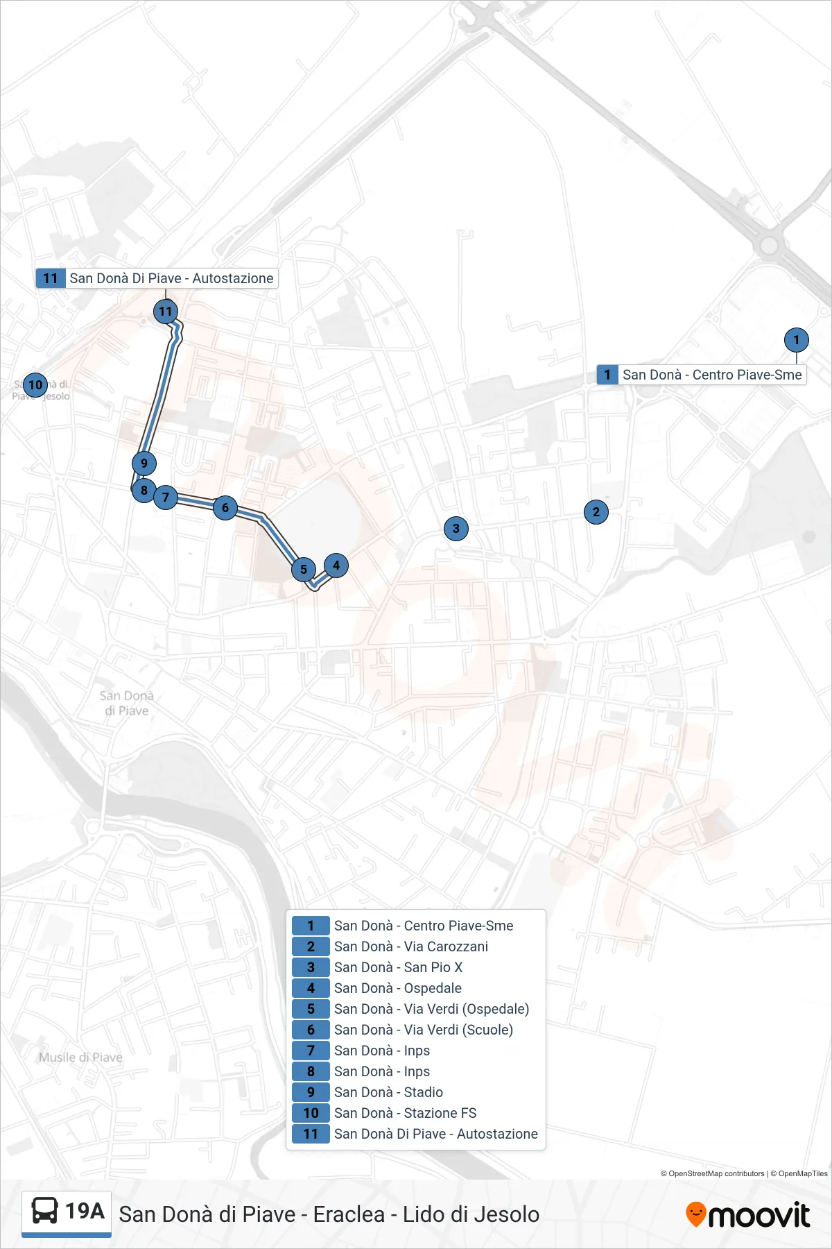 Linea 19A bus (Autostazione) - Percorsi e fermate sulla mappa