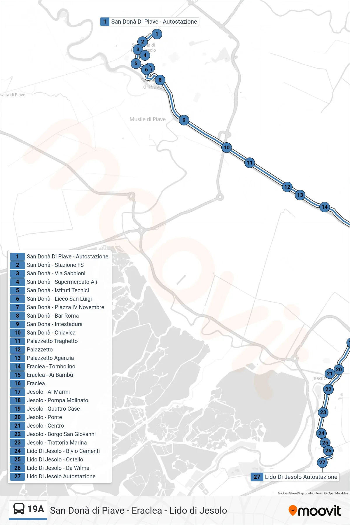 Linea 19A  bus (Lido di Jesolo) - Percorsi e fermate sulla mappa