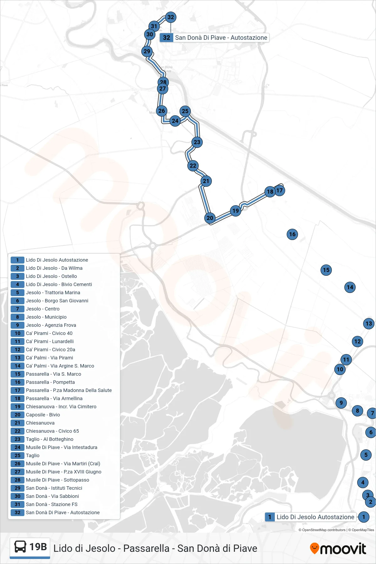 Linea 19B bus (San Donà di Piave) - Percorsi e fermate sulla mappa