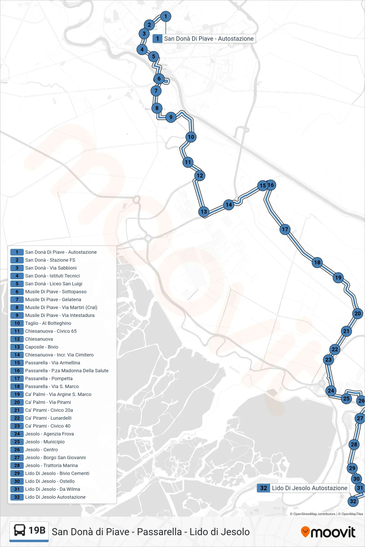 Linea 19B bus (Lido Di Jesolo) - Percorsi e fermate sulla mappa