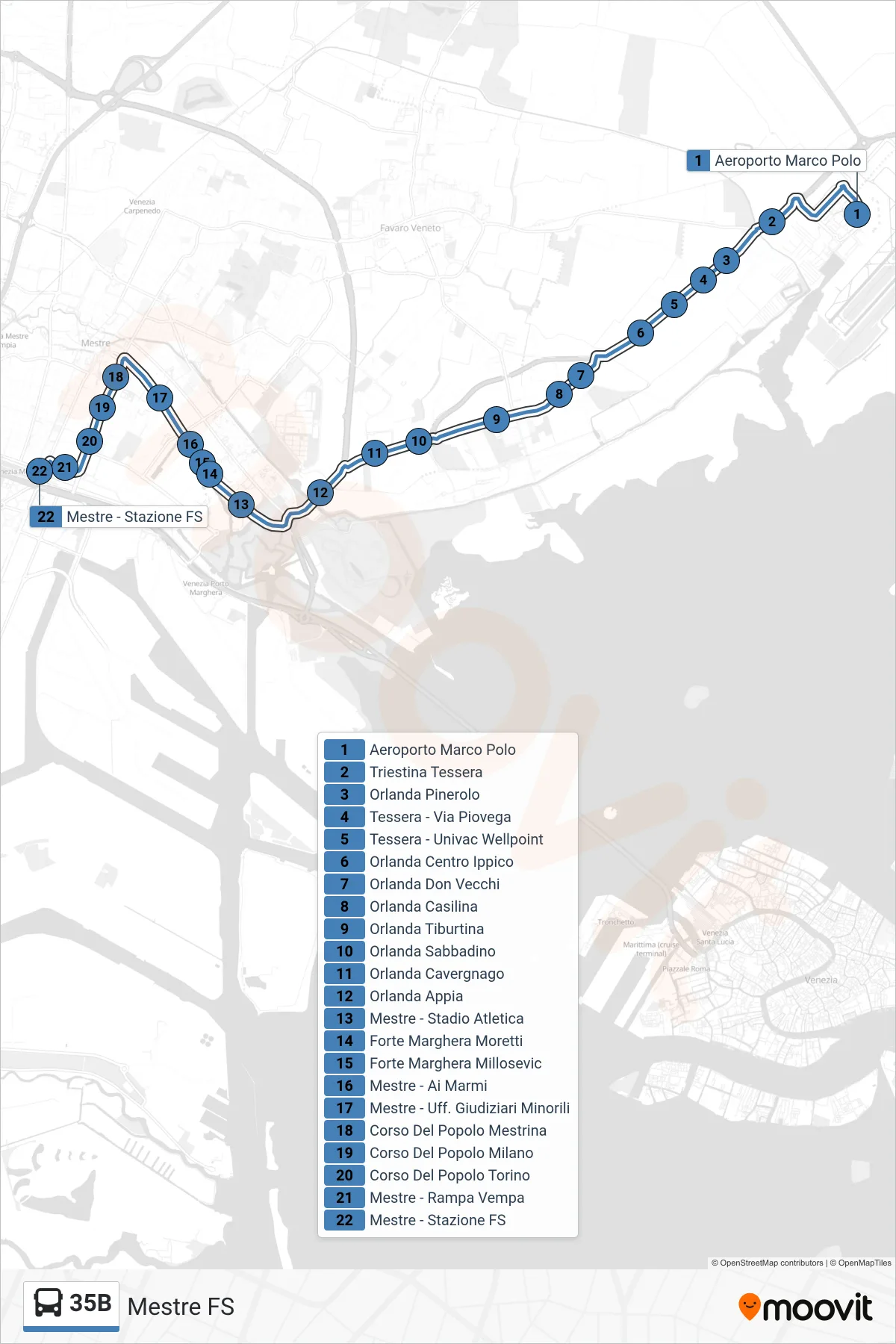 Linea 35B bus (Mestre FS) - Percorsi e fermate sulla mappa