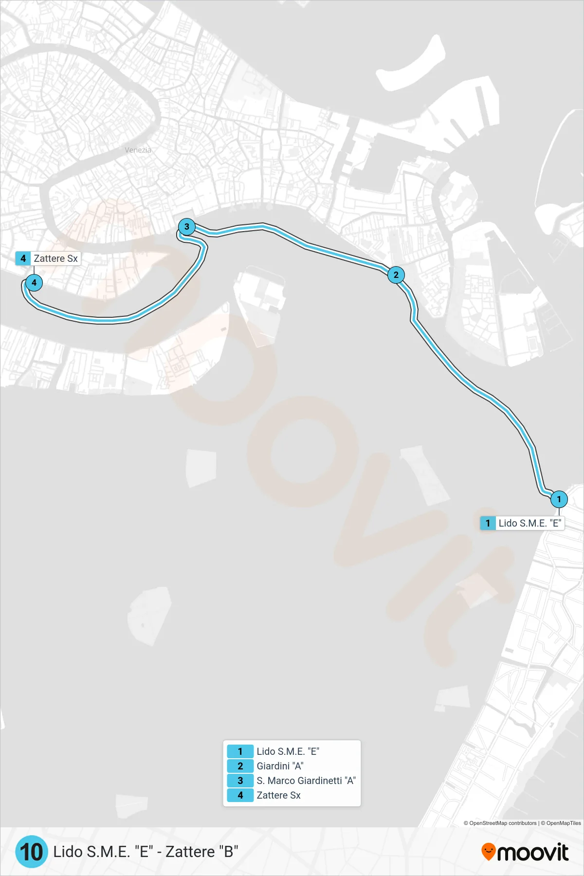 Linea 10  navigazione (Zattere B) - Percorsi e fermate sulla mappa