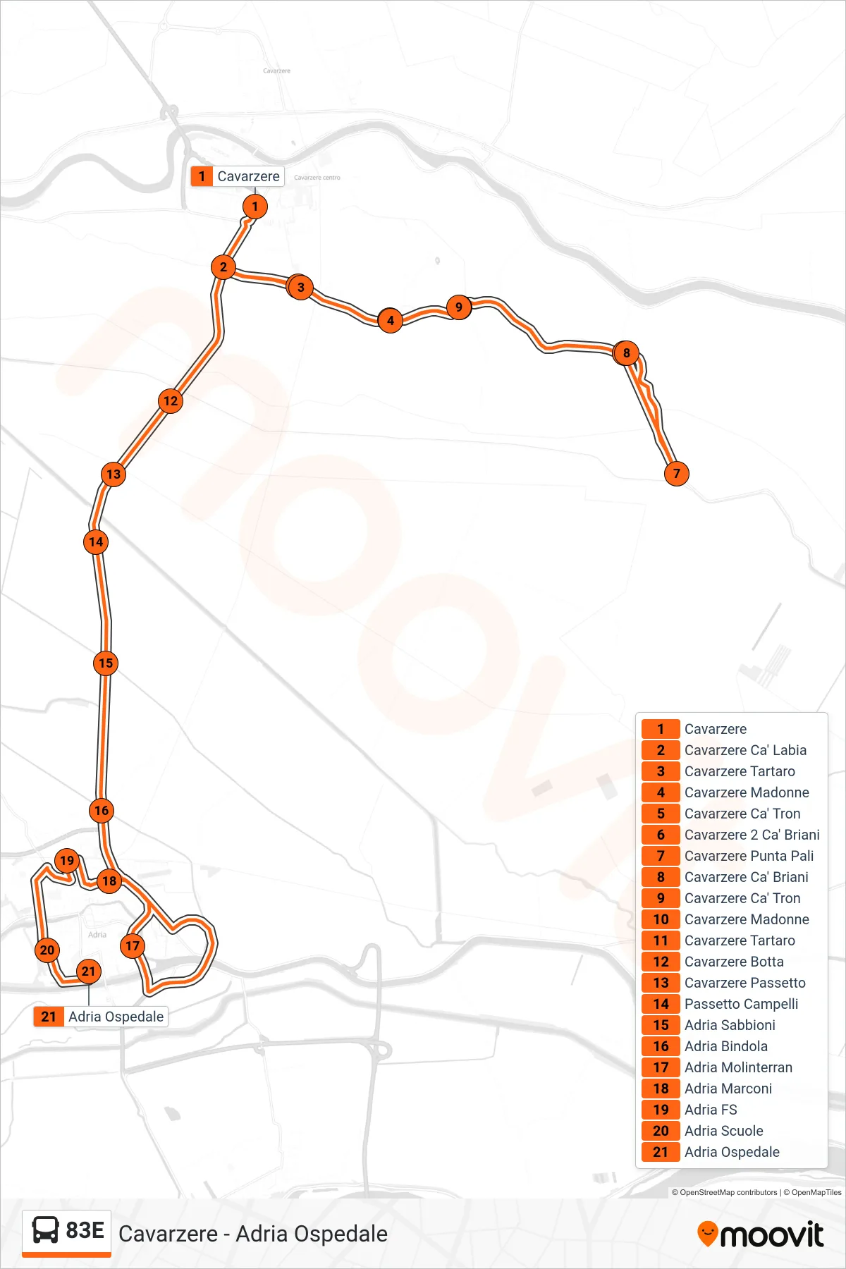 Linea 83E  bus (Adria Ospedale) - Percorsi e fermate sulla mappa