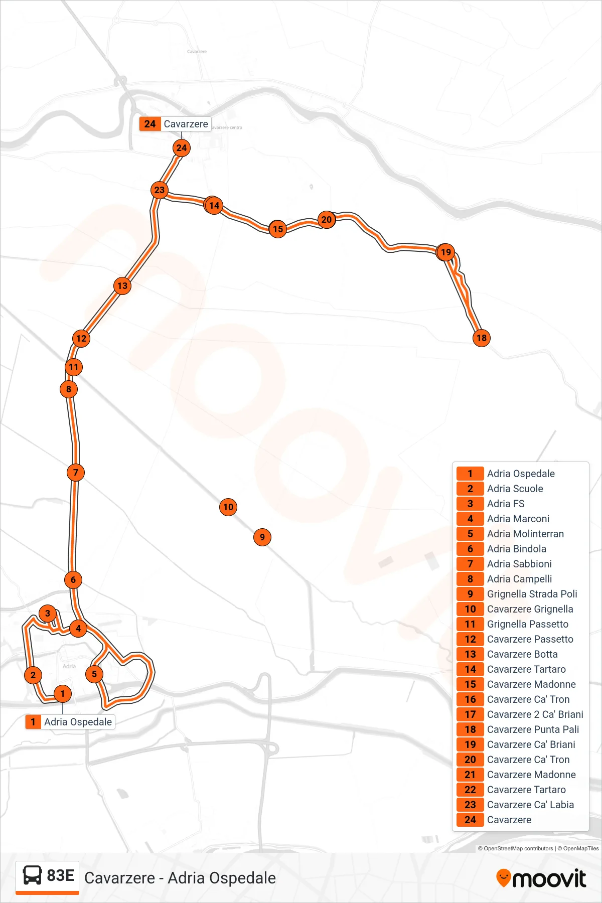 Linea 83E bus (Cavarzere) - Percorsi e fermate sulla mappa