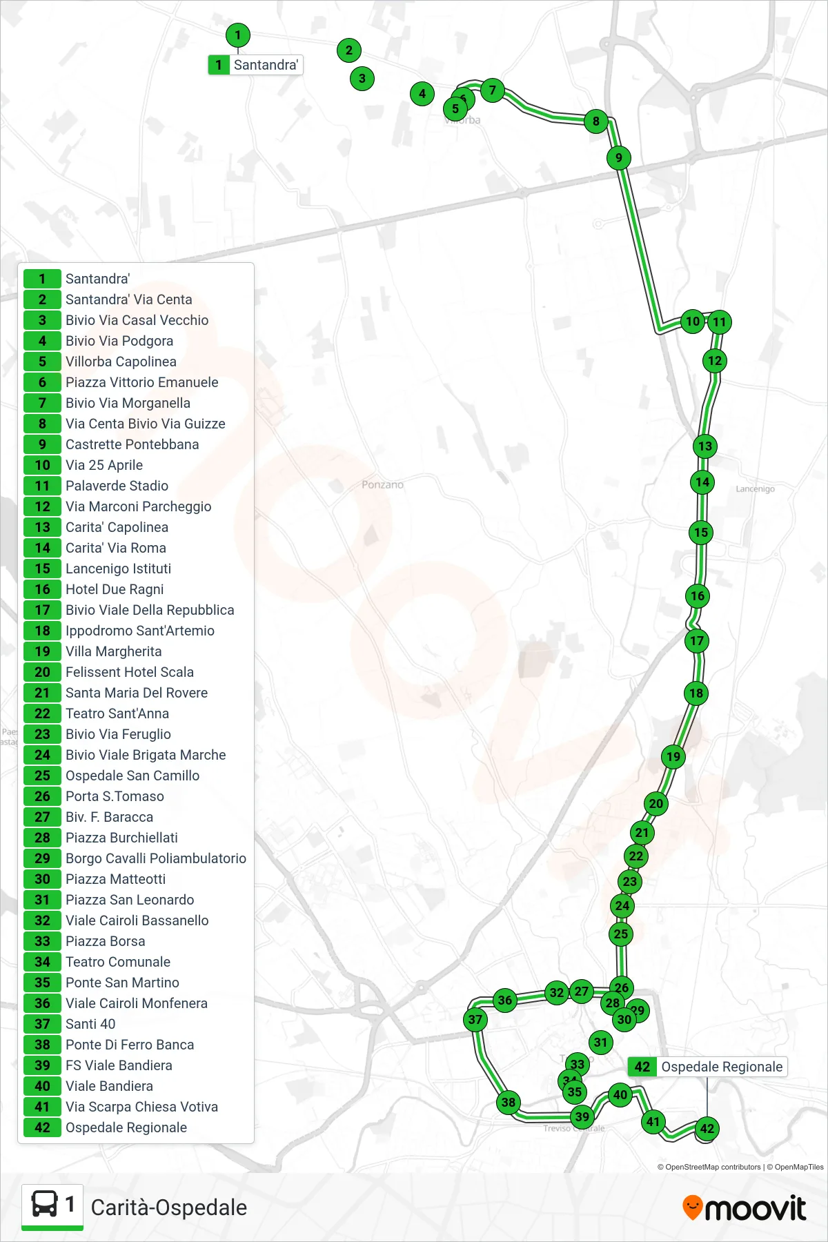 Linea 1 bus (Ospedale Regionale) - Percorsi e fermate sulla mappa