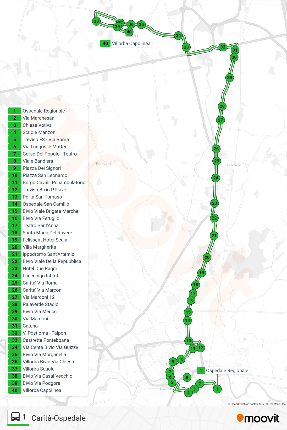 Linea 1  bus (Villorba Capolinea) - Percorsi e fermate sulla mappa