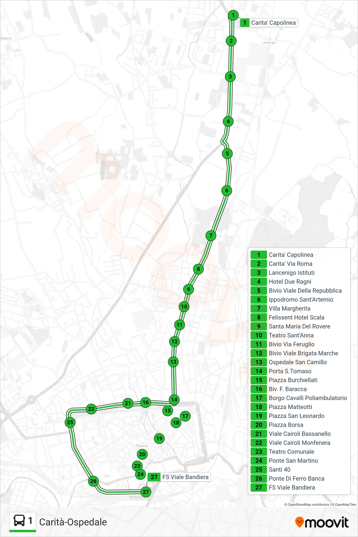 Linea 1 bus (FS Viale Bandiera) - Percorsi e fermate sulla mappa