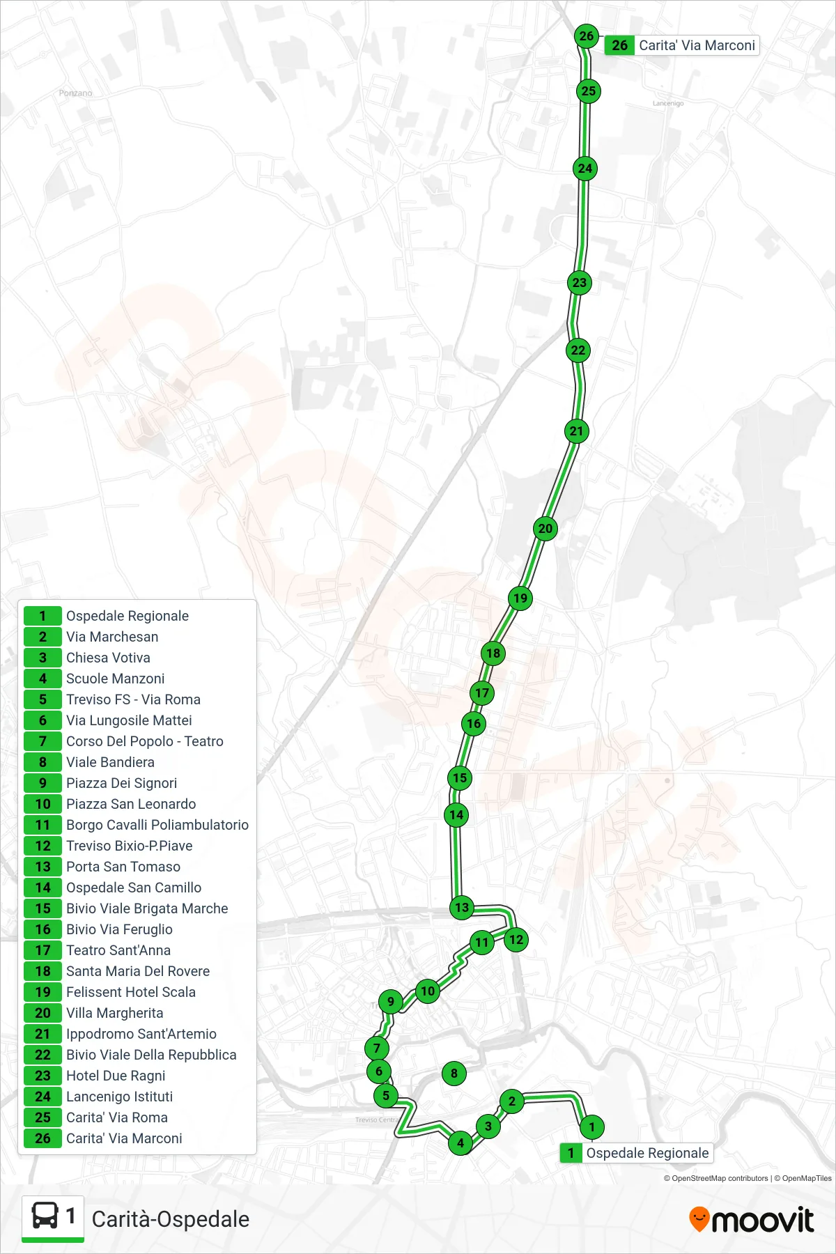Linea 1 bus (Carita' Via Marconi) - Percorsi e fermate sulla mappa