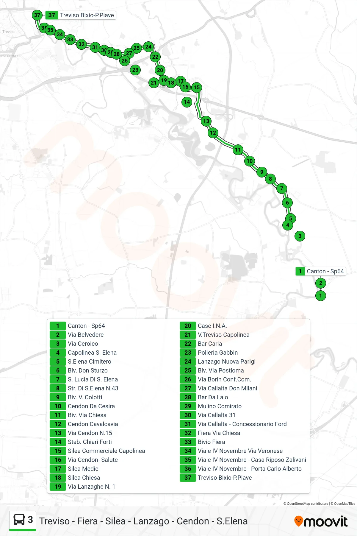 Linea 3  bus (Treviso Bixio-P.Piave) - Percorsi e fermate sulla mappa