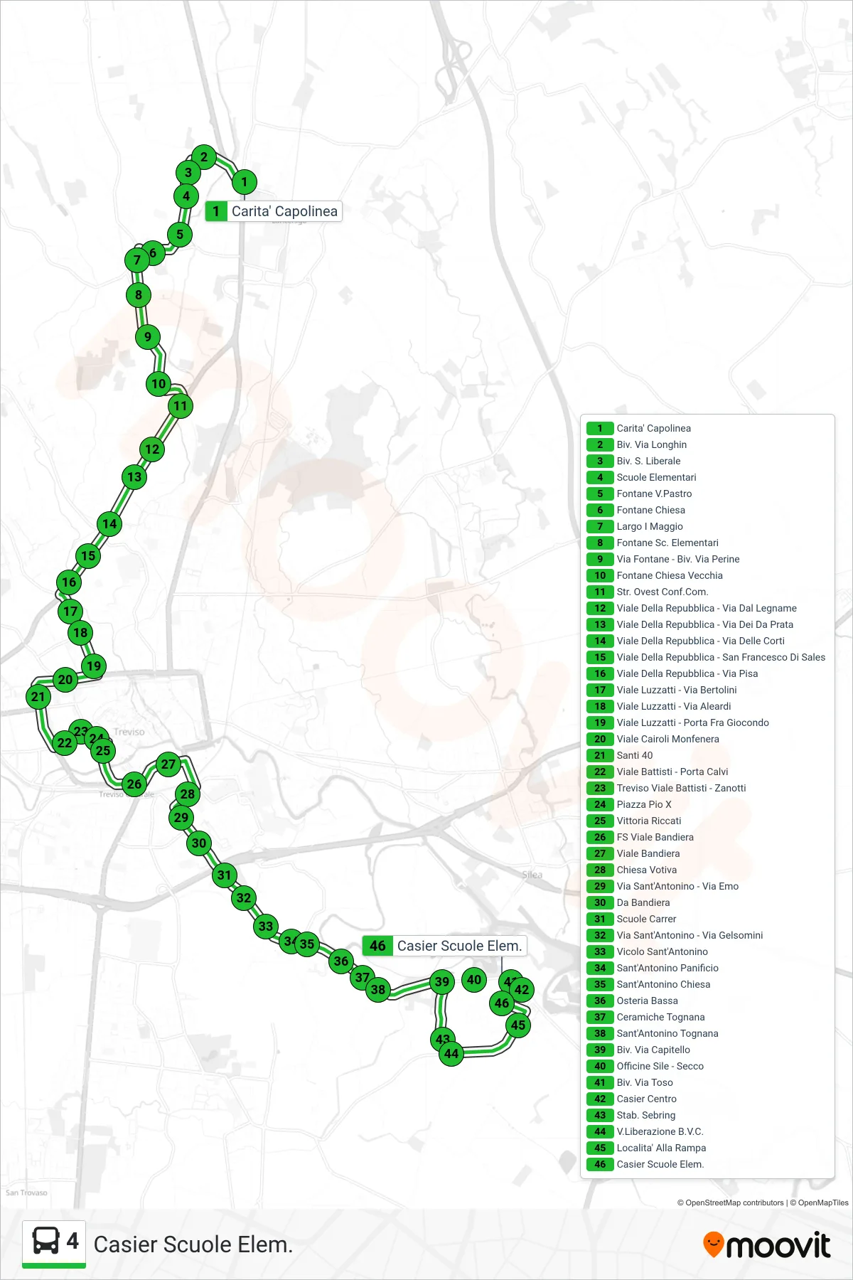Linea 4 bus (Casier Scuole Elem.) - Percorsi e fermate sulla mappa