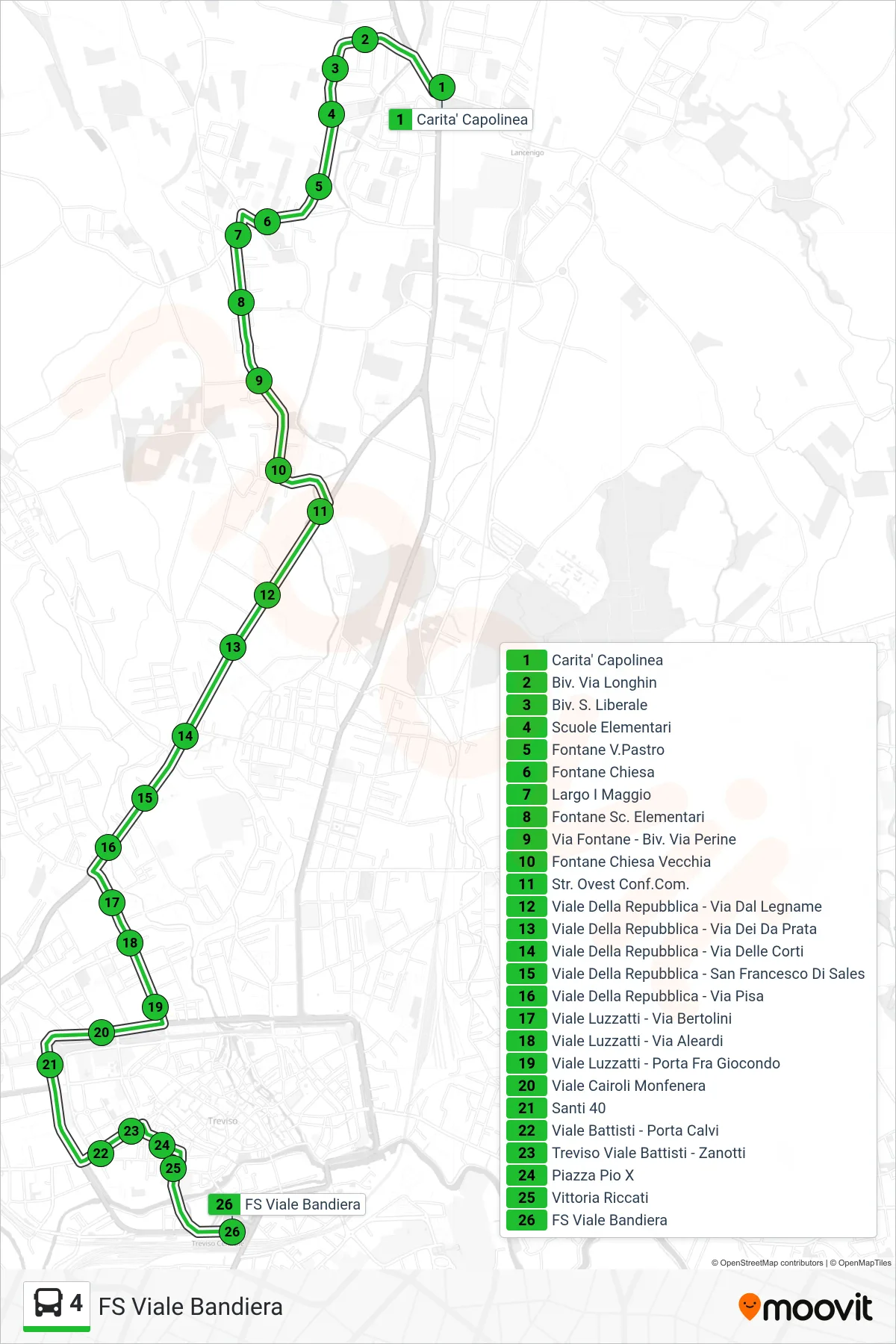 Linea 4  bus (FS Viale Bandiera) - Percorsi e fermate sulla mappa