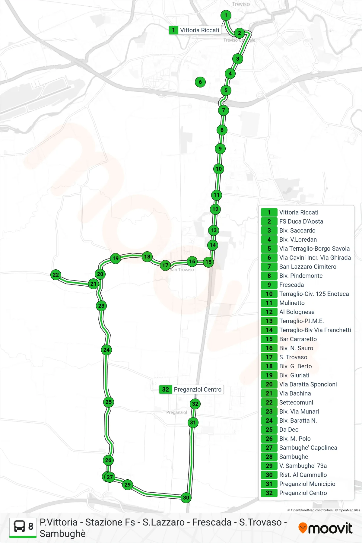 Linea 8 bus (Preganziol Centro) - Percorsi e fermate sulla mappa