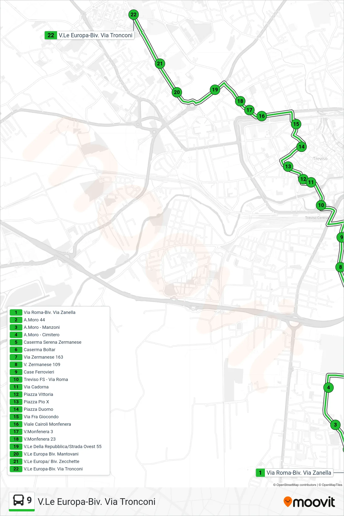 Linea 9  bus (V.Le Europa-Biv. Via Tronconi) - Percorsi e fermate sulla mappa