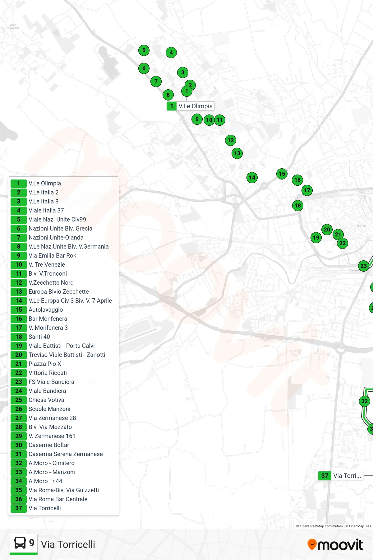 Linea 9 bus (Via Torricelli) - Percorsi e fermate sulla mappa