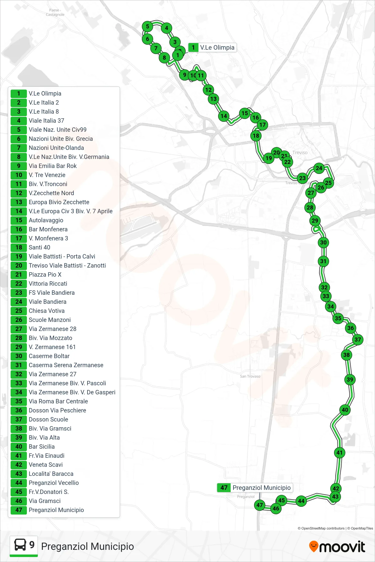 Linea 9  bus (Preganziol Municipio) - Percorsi e fermate sulla mappa