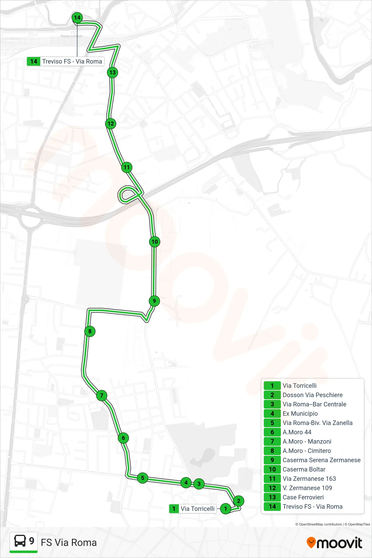 Linea 9 bus (FS Via Roma) - Percorsi e fermate sulla mappa