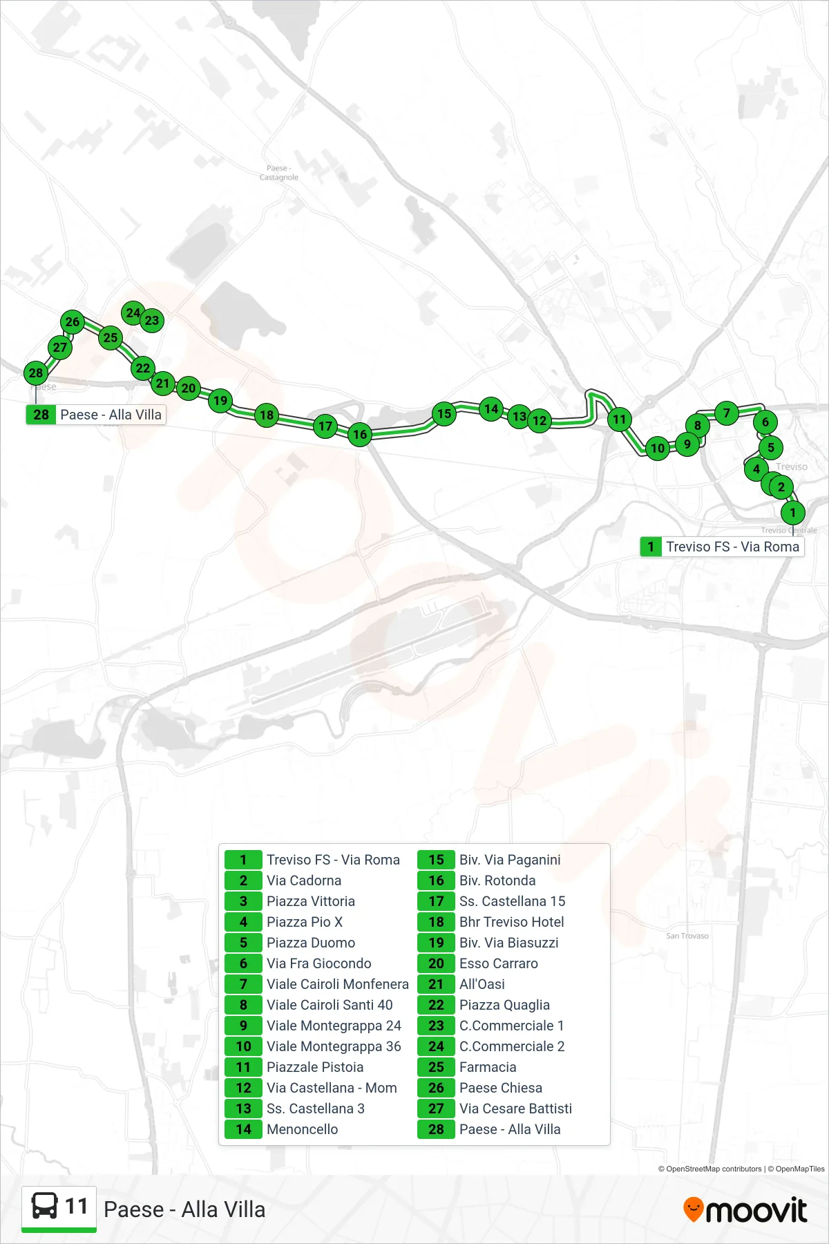 Linea 11 bus (Paese - Alla Villa) - Percorsi e fermate sulla mappa