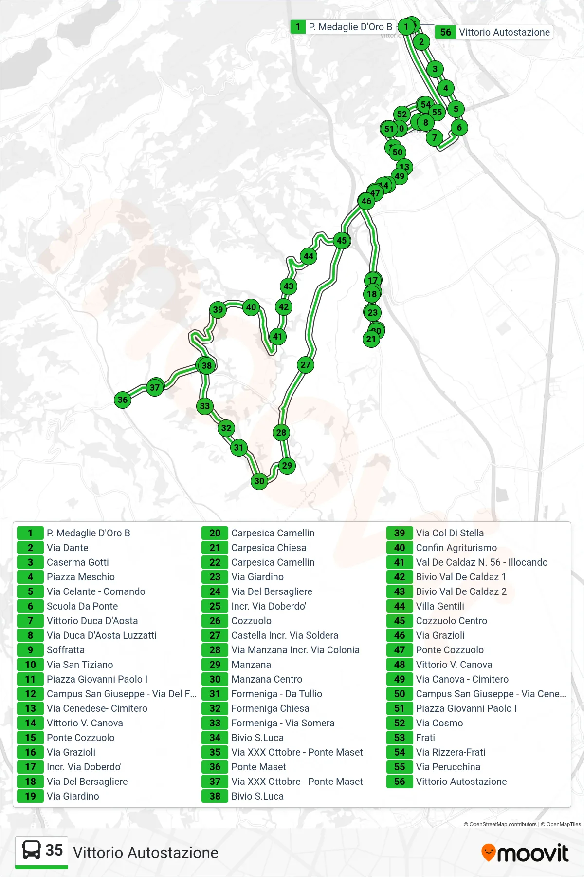 Linea 35 bus (Vittorio Autostazione) - Percorsi e fermate sulla mappa