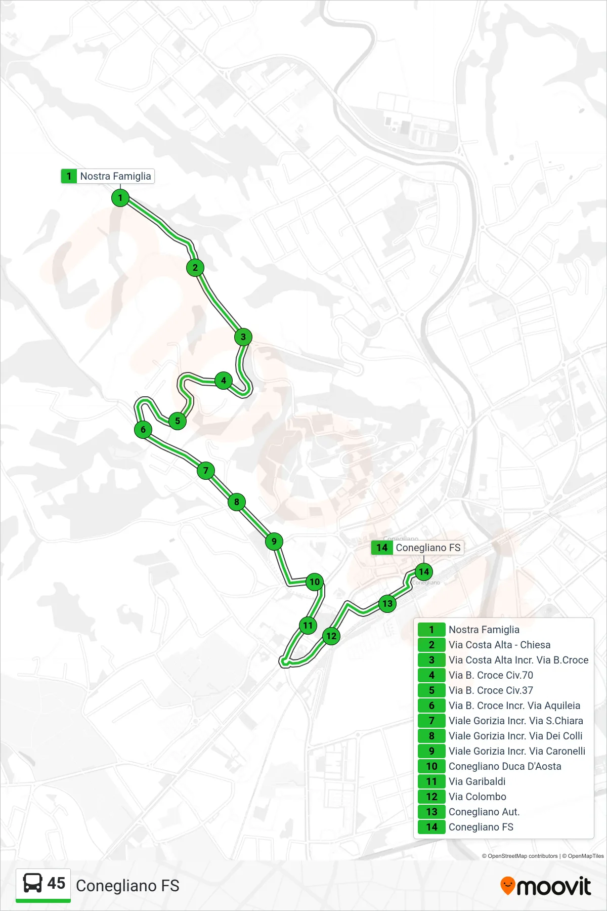 Linea 45 bus (Conegliano FS) - Percorsi e fermate sulla mappa