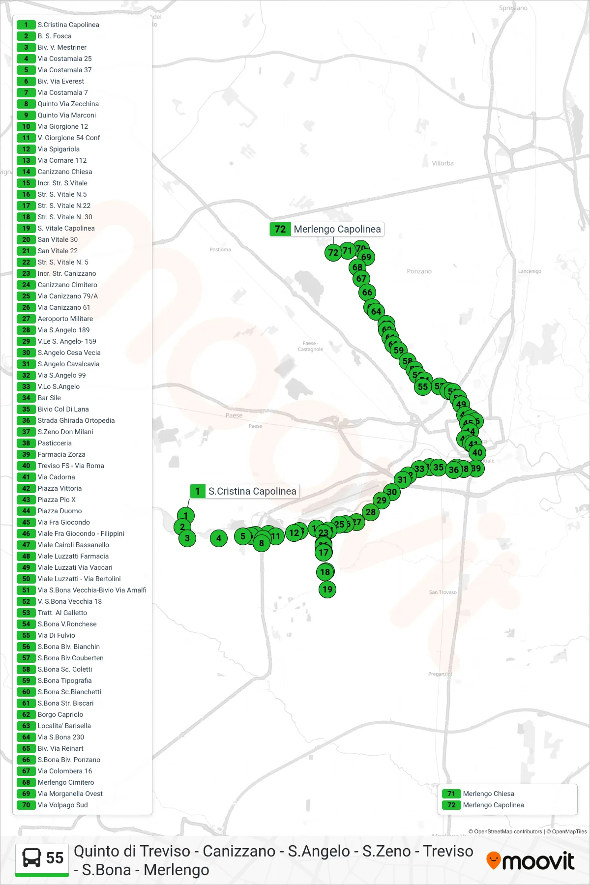 Linea 55 bus (Merlengo Capolinea) - Percorsi e fermate sulla mappa
