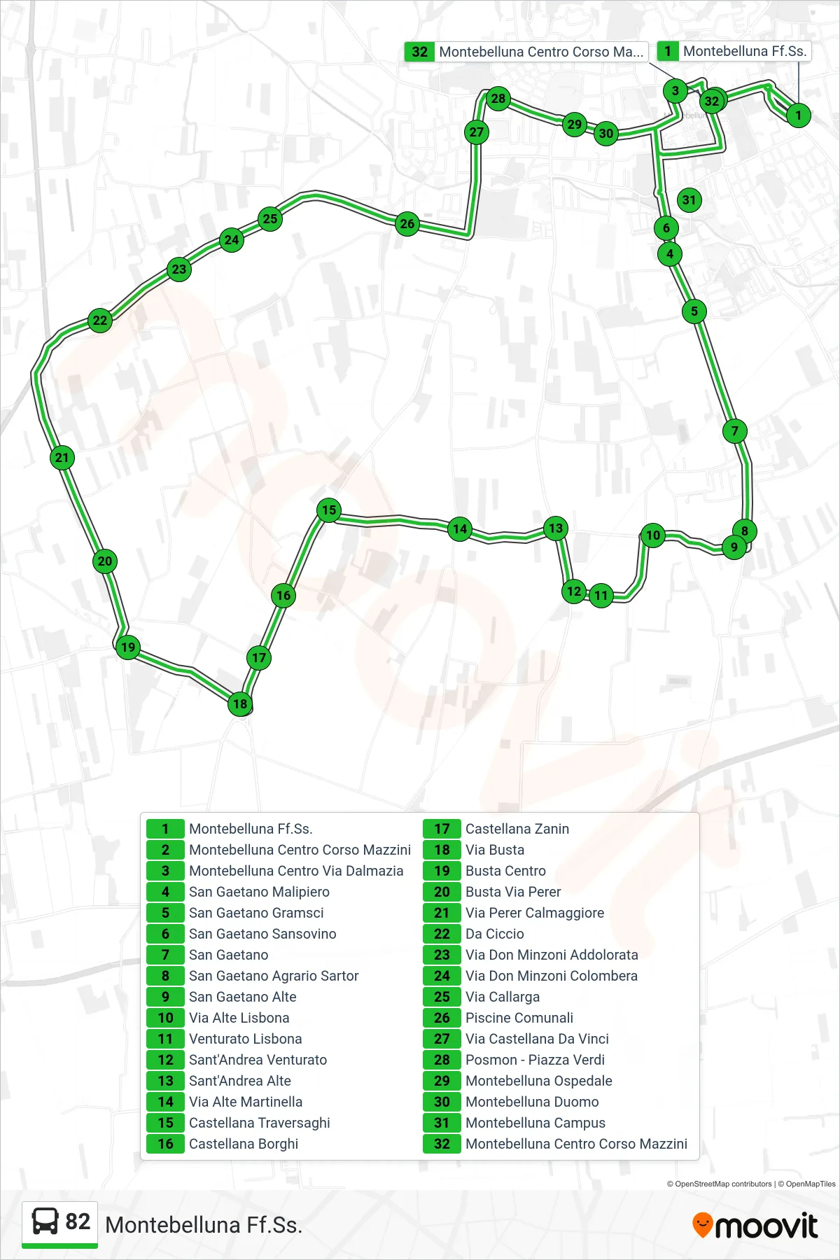Linea 82 bus (Montebelluna Ff.Ss.) - Percorsi e fermate sulla mappa