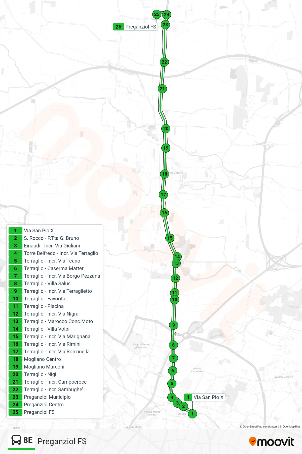 Linea 8E  bus (Preganziol FS) - Percorsi e fermate sulla mappa