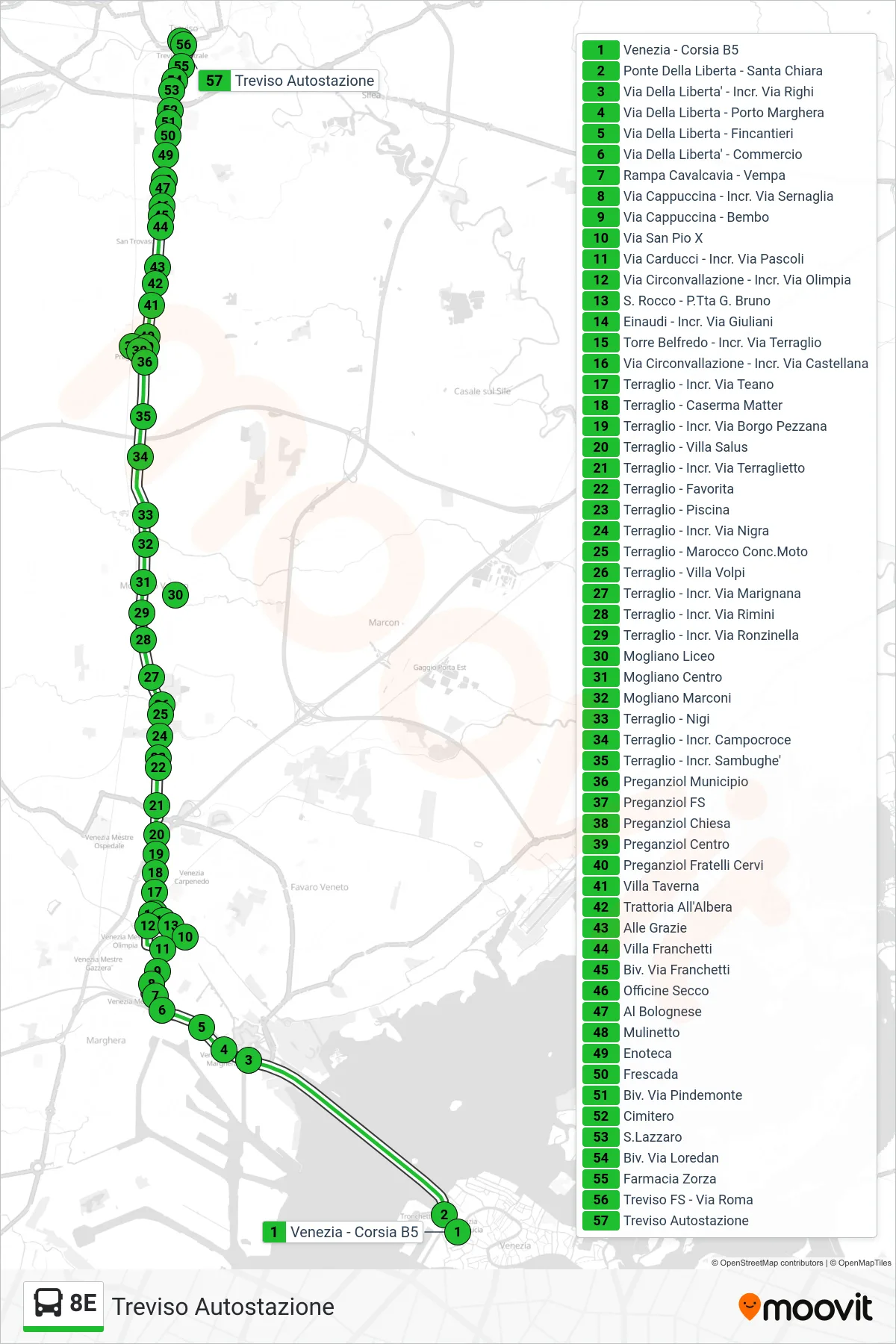 Linea 8E bus (Treviso Autostazione) - Percorsi e fermate sulla mappa