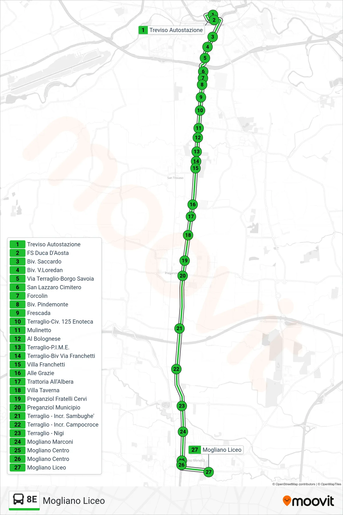 Linea 8E bus (Mogliano Liceo) - Percorsi e fermate sulla mappa