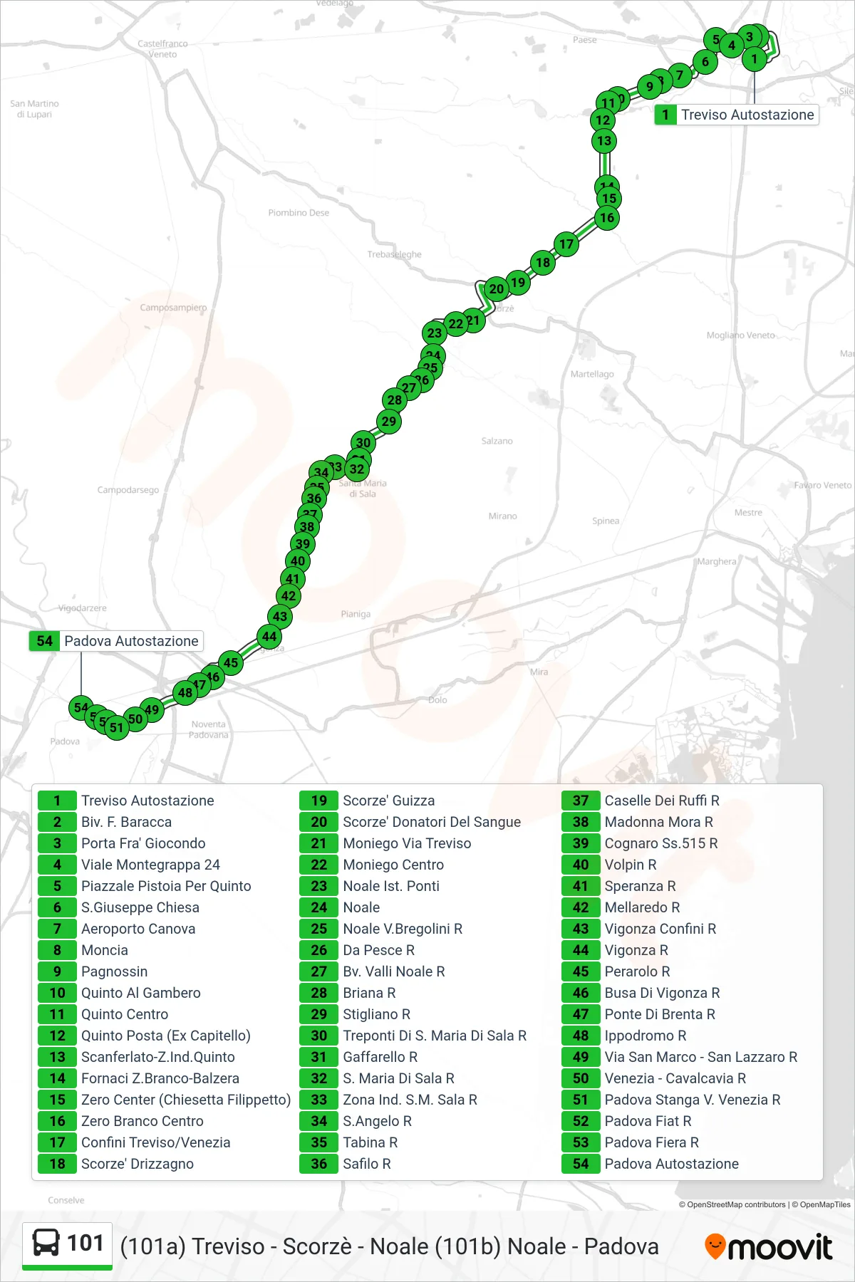 Linea 101  bus (Padova Autostazione) - Percorsi e fermate sulla mappa