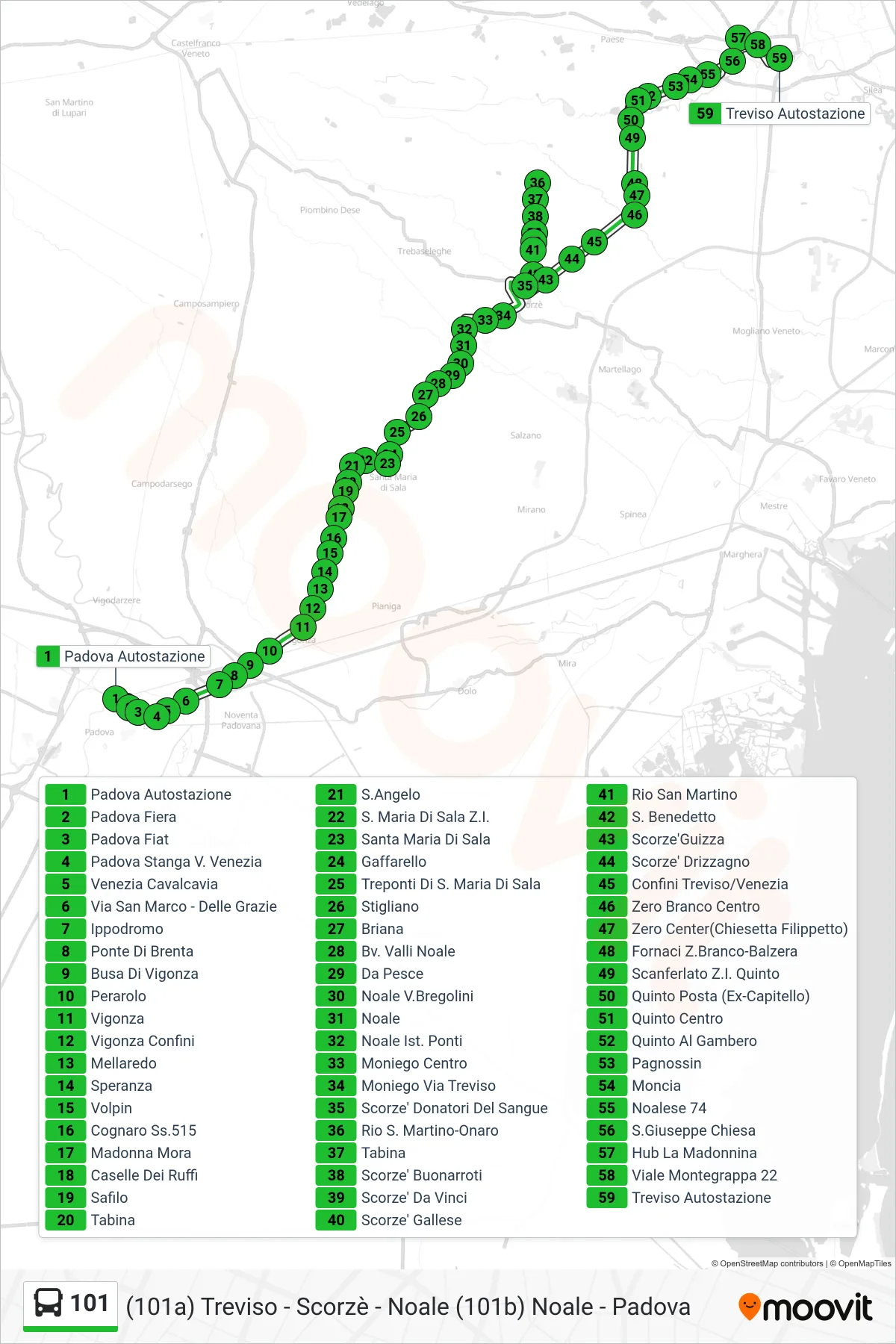 Linea 101  bus (Treviso Autostazione) - Percorsi e fermate sulla mappa