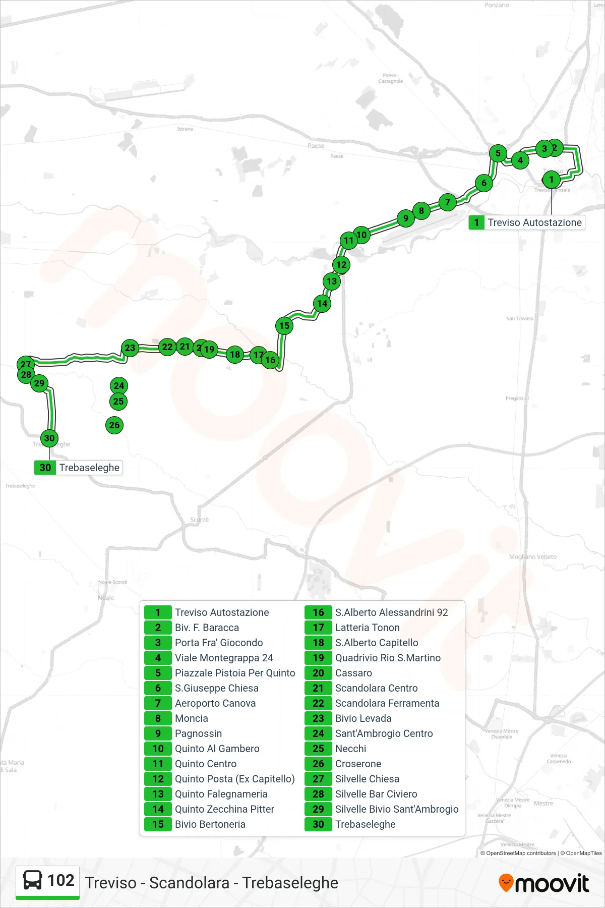 Linea 102 bus (Trebaseleghe) - Percorsi e fermate sulla mappa