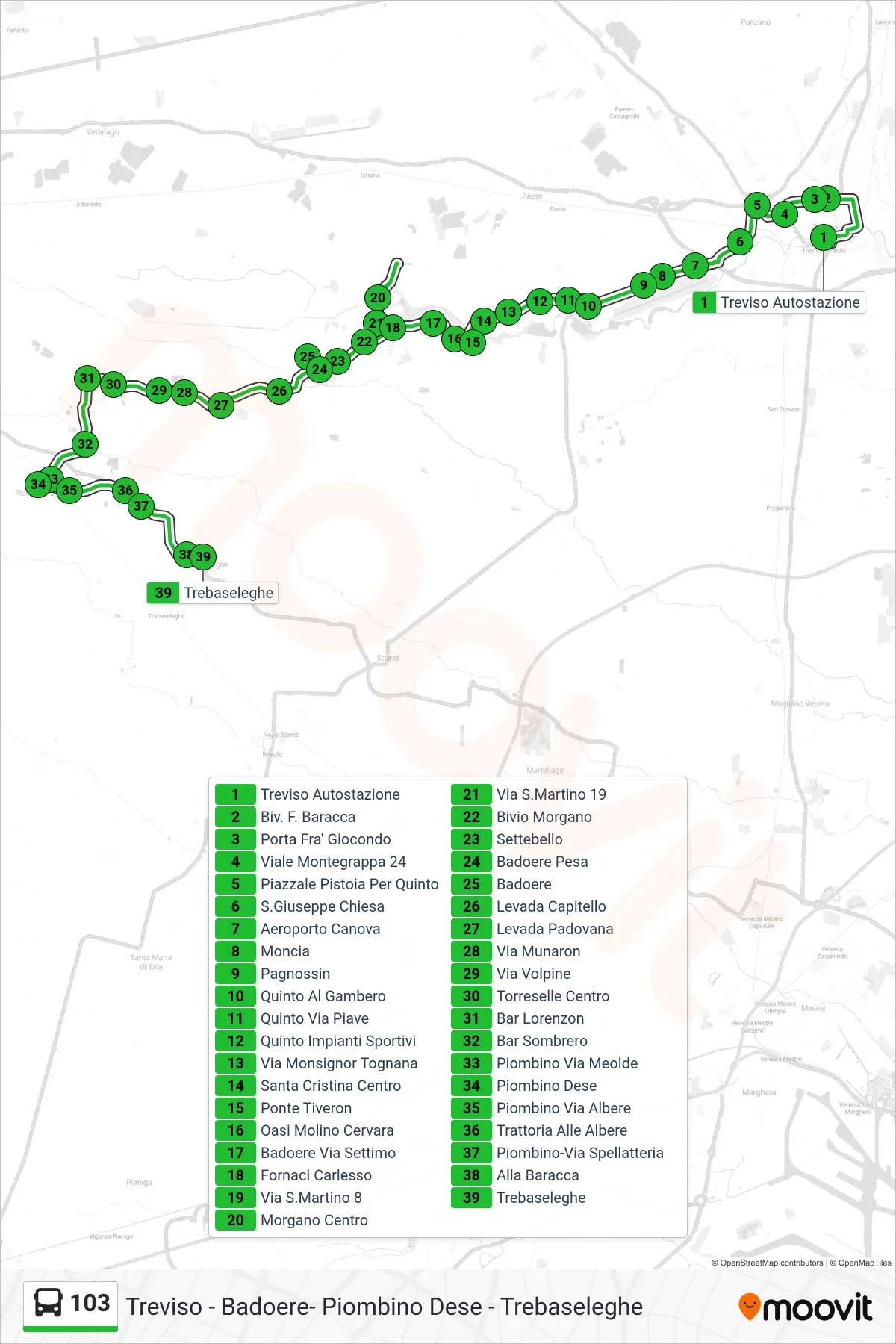 Linea 103  bus (Trebaseleghe) - Percorsi e fermate sulla mappa