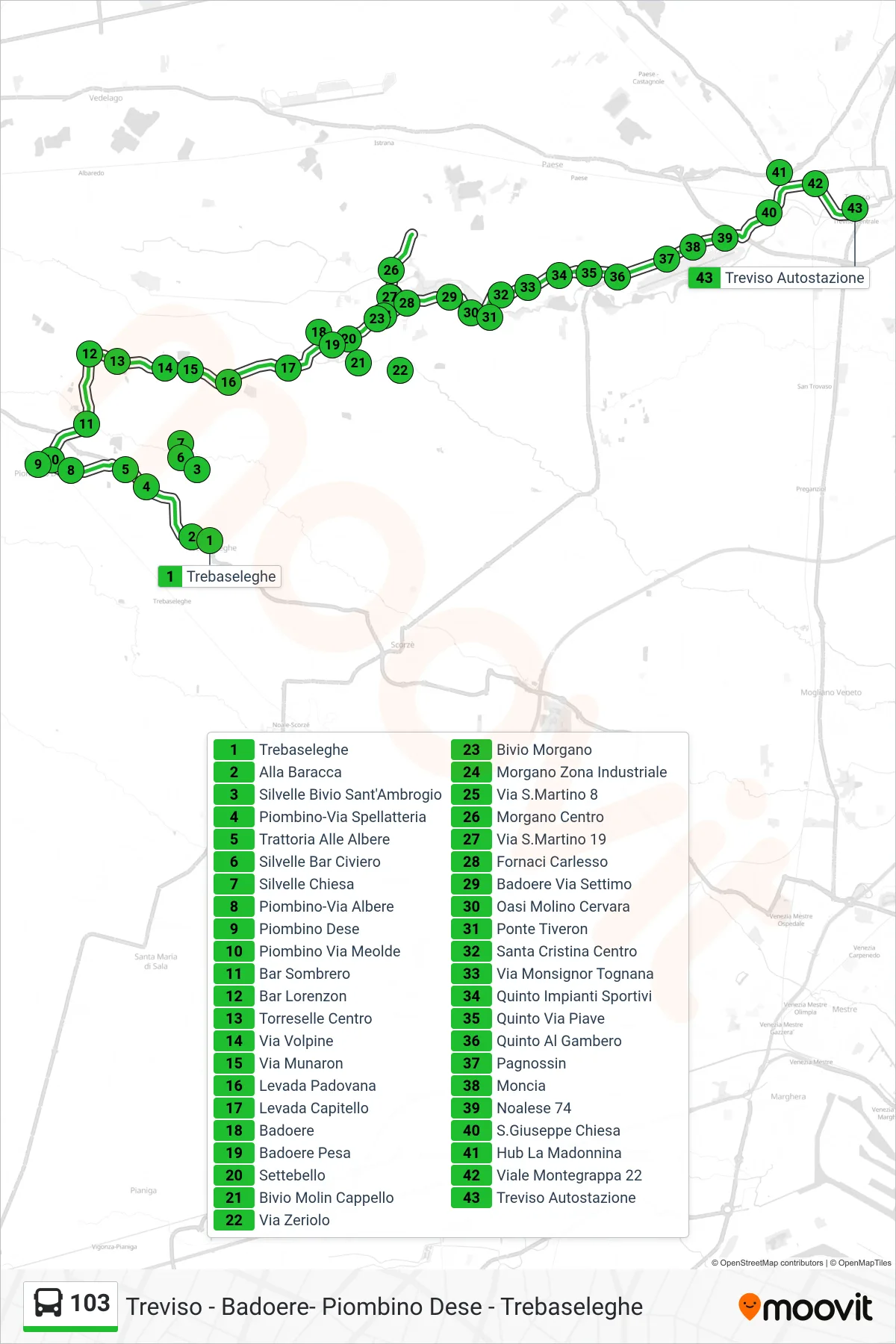 Linea 103 bus (Treviso Autostazione) - Percorsi e fermate sulla mappa