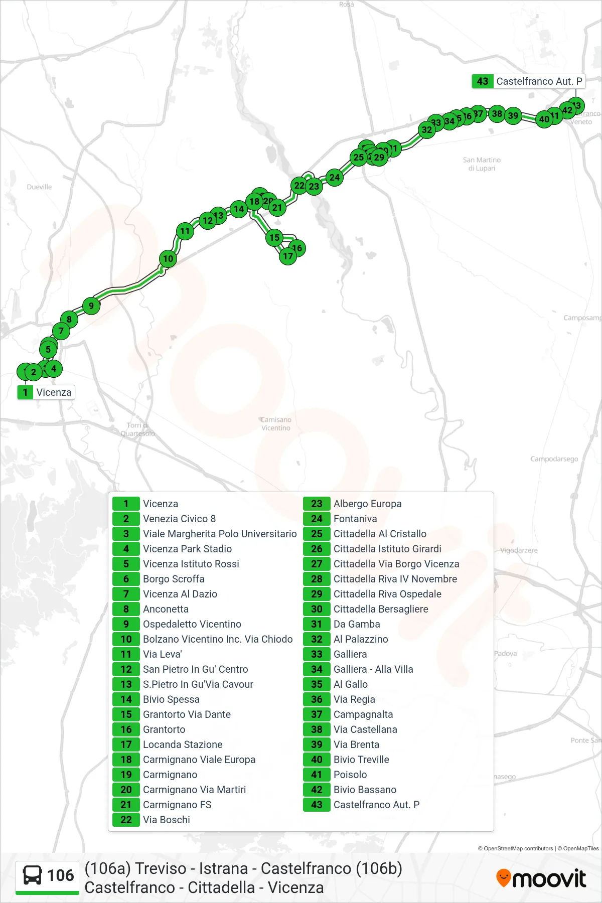Linea 106 bus (Castelfranco Aut. P) - Percorsi e fermate sulla mappa