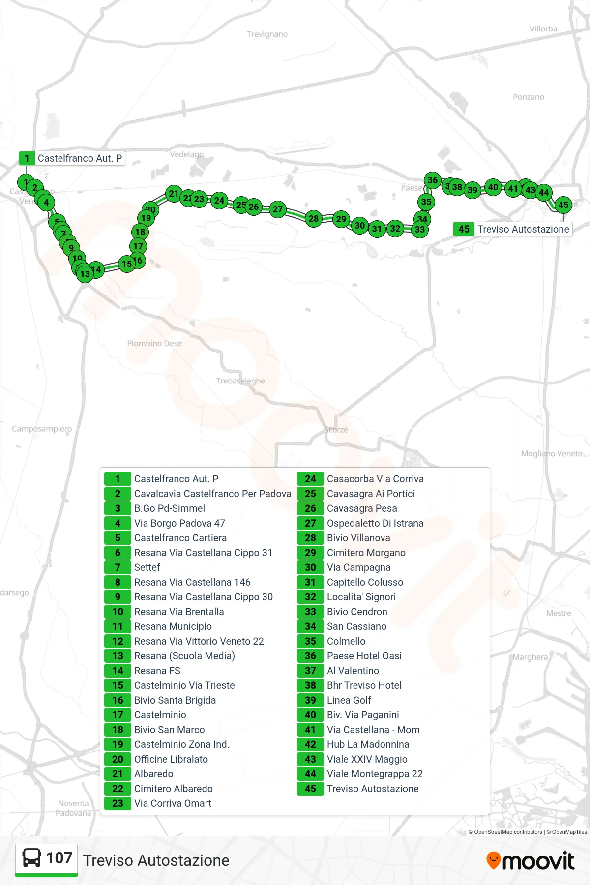 Linea 107  bus (Treviso Autostazione) - Percorsi e fermate sulla mappa