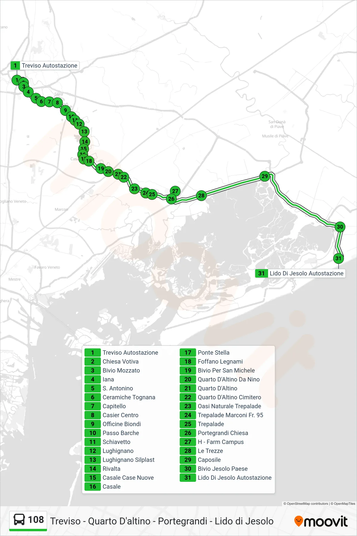 Linea 108  bus (Lido Di Jesolo Autostazione) - Percorsi e fermate sulla mappa