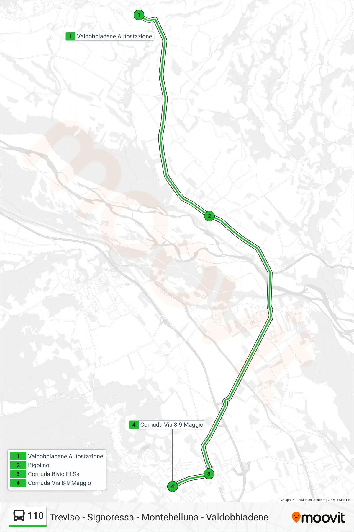 Linea 110 bus (Cornuda Via 8-9 Maggio) - Percorsi e fermate sulla mappa